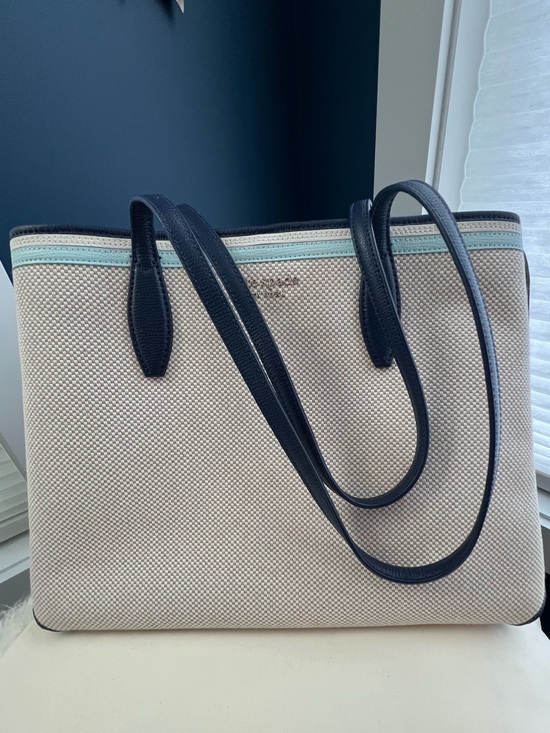 kate spade Handbags - kate spade Cream Canvas Tote with Navy Handles and Aqua Trim